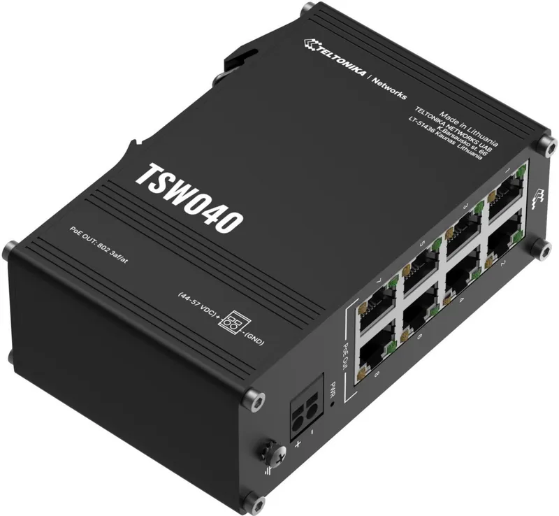 Teltonika TSW040 switch industriale con 8 porte PoE+ non gestito, vista dall'alto mostrando le specifiche e i connettori