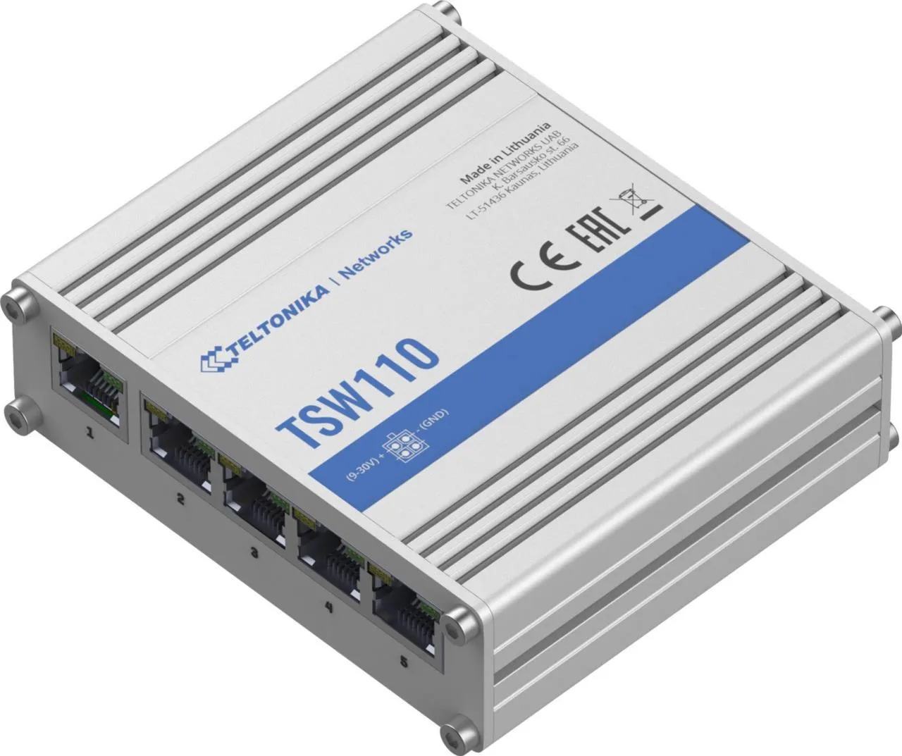 Teltonika TSW110 5-Port Gigabit Industrial Unmanaged Switch, frontal view showing five RJ45 Ethernet ports with status Teltonika TSW110 5-Port Gigabit Industrial Unmanaged Switch, frontal view showing five RJ45 Ethernet ports with status