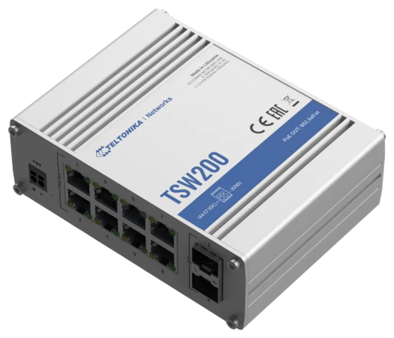 Teltonika · Switch · TSW200 · 8 Port Gigabit Industrial unmanaged PoE+ Switch, 2 SFP