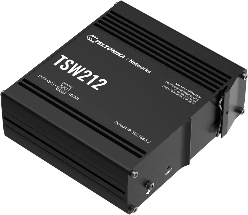 Teltonika TSW212 switch industriale con 8 porte Gigabit e 2 SFP, vista dall'alto inquadratura laterale, superficie