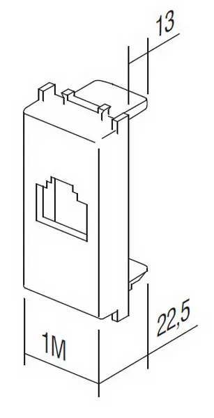 TEM Serie Modul Steckdosen Keystone ADAPTER KS with dust protection, technical line drawing showing dimensions 1M, 22.5, TEM Serie Modul Steckdosen Keystone ADAPTER KS with dust protection, technical line drawing showing dimensions 1M, 22.5,