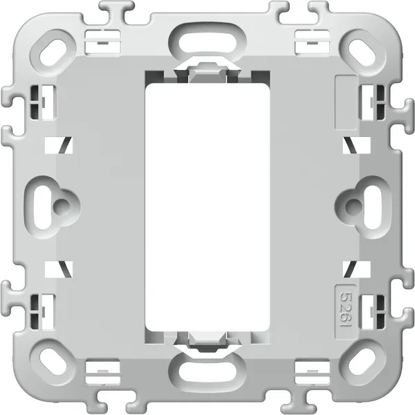 TEM Serie Modul Montageträger mounting frame with central cutout, integrated clips, slots, and mounting holes for modular TEM Serie Modul Montageträger mounting frame with central cutout, integrated clips, slots, and mounting holes for modular