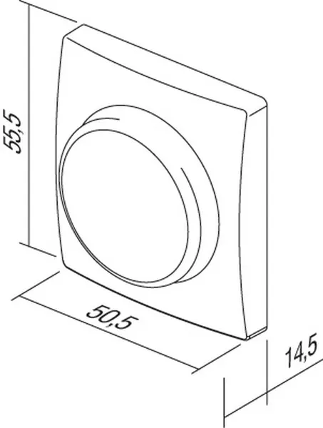Copertura dimmer TEM Serie Ekonomik FI6 ES con quadrante centrale e misure 55.5x50.5x14.5 mm in disegno tecnico. Copertura dimmer TEM Serie Ekonomik FI6 ES con quadrante centrale e misure 55.5x50.5x14.5 mm in disegno tecnico.