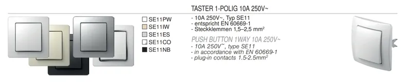 Pulsante TEM Serie Ekonomik 1WAY10A 250V~ nero con modelli bianchi, crema e argento affiancati a specifiche tecniche in