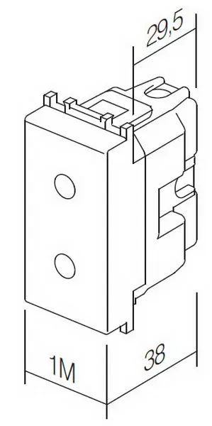 Module TEM Série Modul Steckdosen EURO+KS2P 1M en vue isométrique avec bornes de connexion et dimensions 29,5 x 38 mm pour Module TEM Série Modul Steckdosen EURO+KS2P 1M en vue isométrique avec bornes de connexion et dimensions 29,5 x 38 mm pour