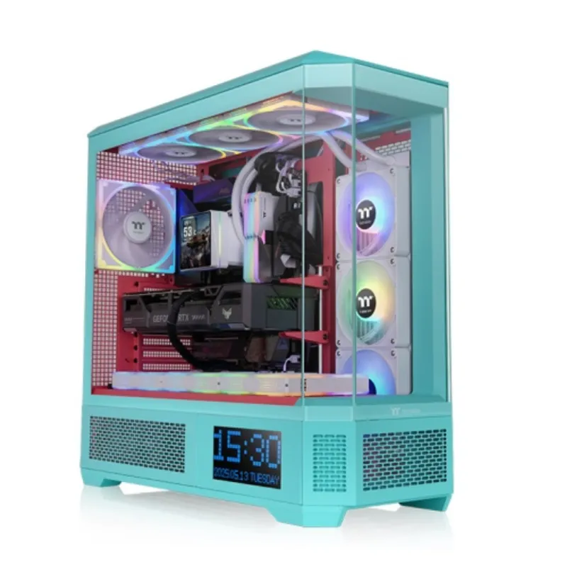 Thermaltake View 600 TG Full-Tower-Gehäuse in Mint-Grün mit Glasfront, Digitaldisplay, RGB-Beleuchtung und Sicht auf