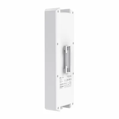 Punto de acceso Omada PRO WIFI 6 AP8635-I blanco visto por detrás con soporte de montaje, tornillos y etiqueta técnica para