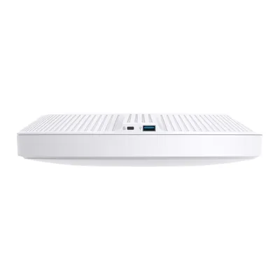 Punto di accesso TP-Link EAP653 WiFi 7 bianco con griglia di ventilazione e porta Ethernet blu, installazione indoor per Punto di accesso TP-Link EAP653 WiFi 7 bianco con griglia di ventilazione e porta Ethernet blu, installazione indoor per