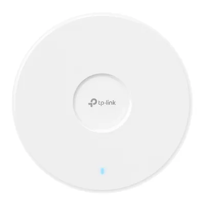 TP-Link EAP653 WiFi 7 access point bianco circolare visto dall’alto con logo grigio e LED blu in ambiente indoor TP-Link EAP653 WiFi 7 access point bianco circolare visto dall’alto con logo grigio e LED blu in ambiente indoor