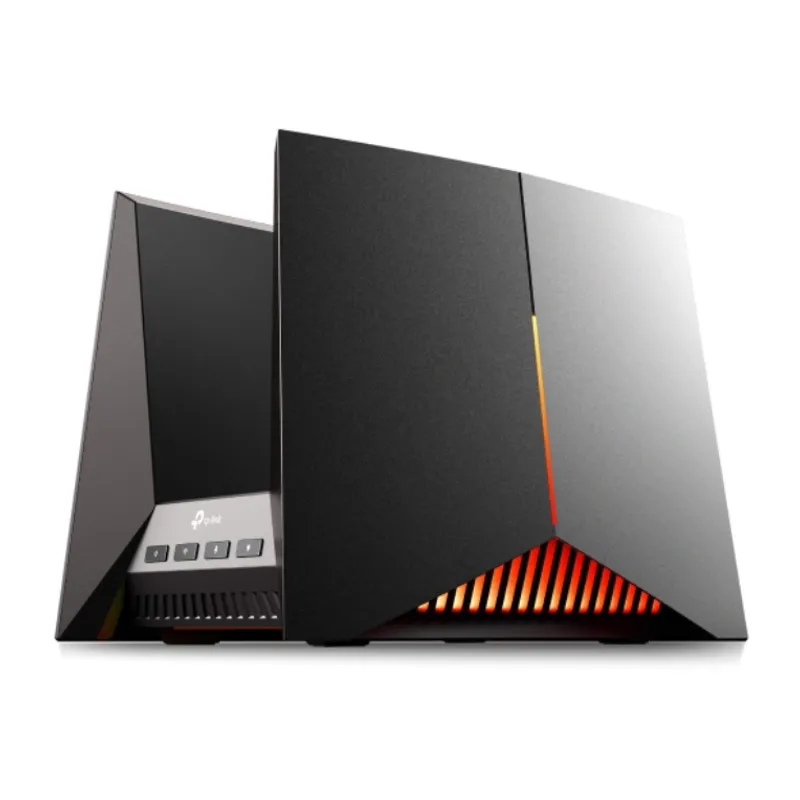 Router TP-Link Archer GE800 WiFi 6 BE19000 tri-band da gaming nero con design angolato, pannello di controllo laterale e