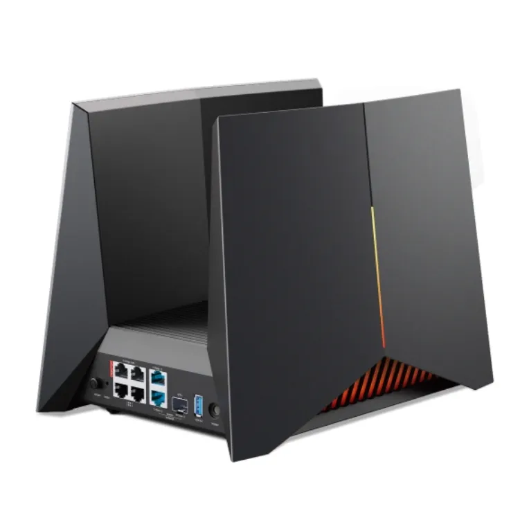 Router TP-Link Archer GE800 WiFi 6 BE19000 Tri Band gaming nero opaco con design angolare e ali laterali, vista posteriore