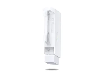 TP-Link CPE510 5 GHz 300 Mbps 13 dBi CPE exterior blanco en vista lateral con etiqueta reguladora y luces indicadoras en