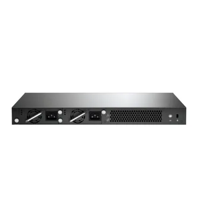 TP-Link DS-P7001-16 OLT GPON de 16 puertos visto por detrás en rack con fuentes de alimentación AC, ventilación y puertos TP-Link DS-P7001-16 OLT GPON de 16 puertos visto por detrás en rack con fuentes de alimentación AC, ventilación y puertos