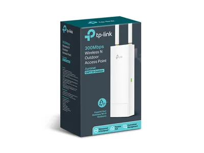 TP-Link EAP110-Outdoor 300 Mbps Outdoor-WLAN-Access-Point in dunkelblauer und türkiser Verkaufsverpackung mit TP-Link EAP110-Outdoor 300 Mbps Outdoor-WLAN-Access-Point in dunkelblauer und türkiser Verkaufsverpackung mit