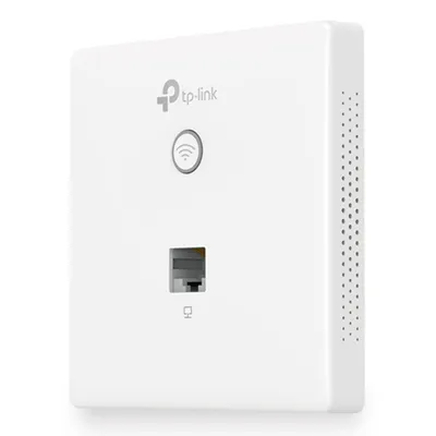 TP-Link EAP115-Wall Wand-WLAN-Access-Point mit weißem Gehäuse, seitlicher Ansicht, Logo, WLAN-LED, Ethernet-Port und TP-Link EAP115-Wall Wand-WLAN-Access-Point mit weißem Gehäuse, seitlicher Ansicht, Logo, WLAN-LED, Ethernet-Port und