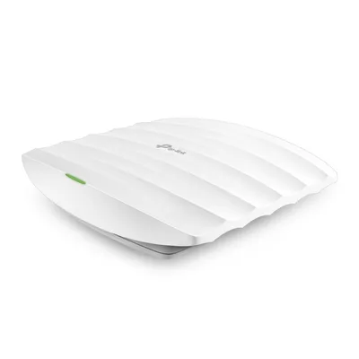 TP-Link EAP115 Decken-WLAN-Access-Point mit 300 Mbps, weißer runder Access Point mit gerippter Oberfläche und grünem TP-Link EAP115 Decken-WLAN-Access-Point mit 300 Mbps, weißer runder Access Point mit gerippter Oberfläche und grünem