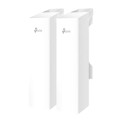 Kit TP-Link EAP215 Bridge, dos dispositivos inalámbricos blancos en posición vertical con logo tp-link y soporte de montaje Kit TP-Link EAP215 Bridge, dos dispositivos inalámbricos blancos en posición vertical con logo tp-link y soporte de montaje