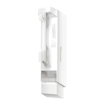 Kit TP-Link EAP215 Bridge, vista trasera del dispositivo puente inalámbrico blanco con etiquetas de certificación y LEDs en Kit TP-Link EAP215 Bridge, vista trasera del dispositivo puente inalámbrico blanco con etiquetas de certificación y LEDs en