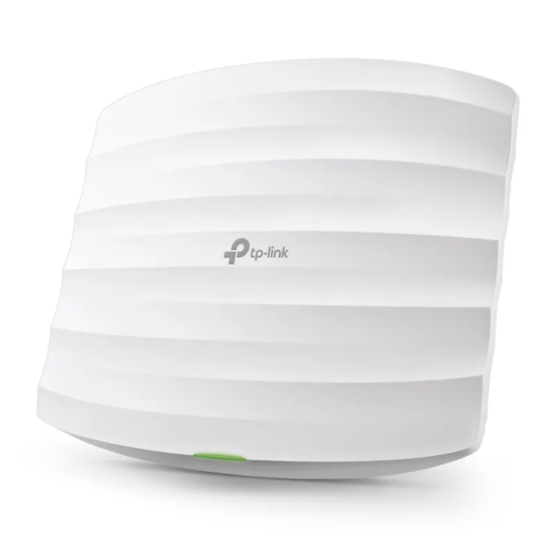 TP-LINK EAP223 AC1350 access point wireless bianco con texture orizzontale e LED verde in ufficio o rete aziendale.