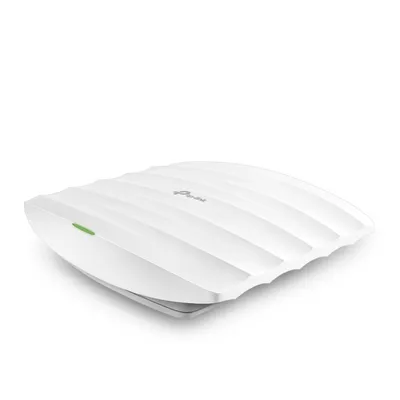 TP-LINK EAP223 AC1350 access point wireless bianco con superficie superiore ondulata e logo centrale, LED verde acceso in TP-LINK EAP223 AC1350 access point wireless bianco con superficie superiore ondulata e logo centrale, LED verde acceso in