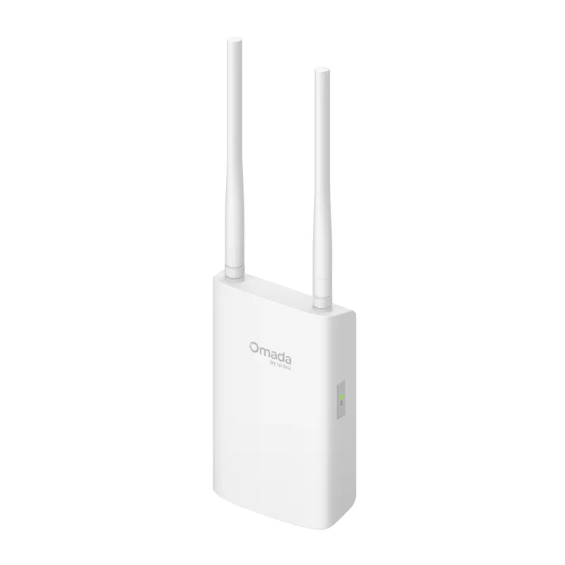 TP-Link Omada EAP603-Outdoor access point Wi-Fi 6 esterno bianco con due antenne verticali e logo Omada, indicatore LED