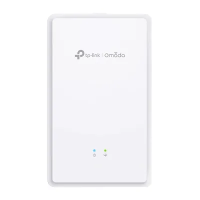 TP-Link Omada EAP615GP-Wall access point a parete bianco con logo Omada, LED blu e verde accesi per stato alimentazione e TP-Link Omada EAP615GP-Wall access point a parete bianco con logo Omada, LED blu e verde accesi per stato alimentazione e