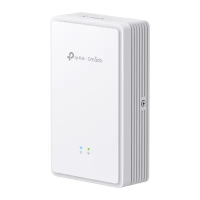 TP-Link Omada EAP615GP-Wall access point a parete bianco con logo, luci LED e alette di raffreddamento laterali per reti TP-Link Omada EAP615GP-Wall access point a parete bianco con logo, luci LED e alette di raffreddamento laterali per reti