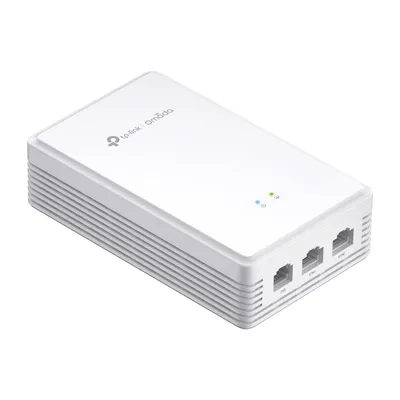 TP-Link Omada EAP615GP-Wall access point a parete bianco con logo, tre porte Ethernet e LED di stato in vista frontale per TP-Link Omada EAP615GP-Wall access point a parete bianco con logo, tre porte Ethernet e LED di stato in vista frontale per