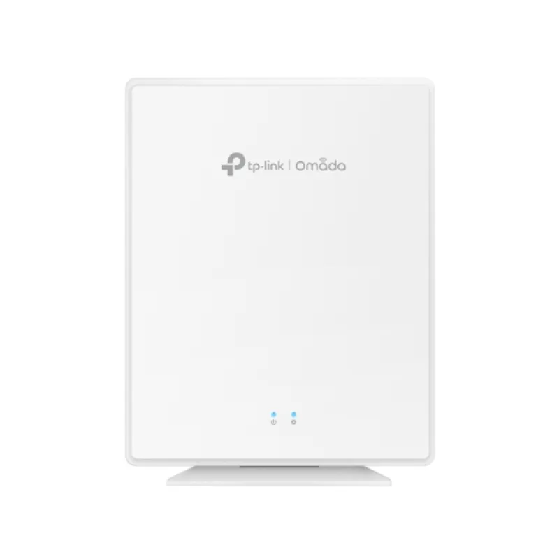 Punto di accesso TP-Link EAP650-Desktop AX3000 Wi-Fi 6 bianco con logo Omada e LED blu su supporto da scrivania.