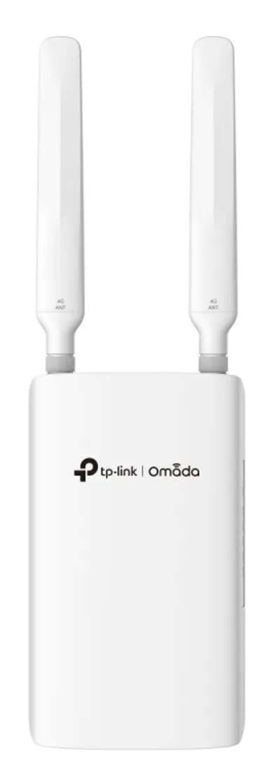 Белый уличный роутер TP-Link Omada ER703WP-4G с двумя антеннами 4G и логотипом на передней панели для сетей WiFi AX3000. Белый уличный роутер TP-Link Omada ER703WP-4G с двумя антеннами 4G и логотипом на передней панели для сетей WiFi AX3000.