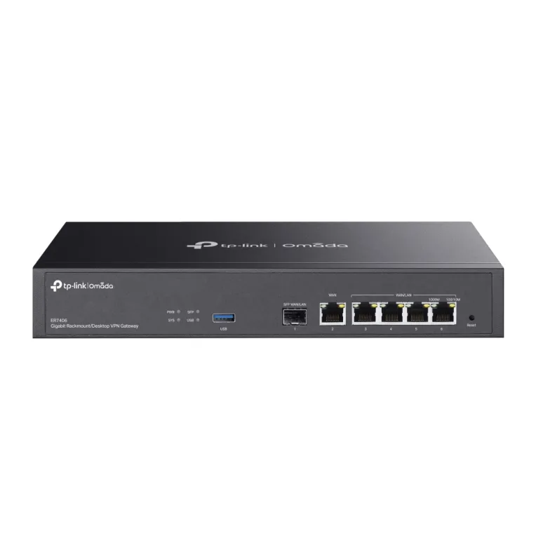 TP-Link Omada ER7406 Gigabit Rackmount-VPN-Gateway in schwarzem Metallgehäuse mit Frontansicht der Anschlüsse SFP WAN/LAN TP-Link Omada ER7406 Gigabit Rackmount-VPN-Gateway in schwarzem Metallgehäuse mit Frontansicht der Anschlüsse SFP WAN/LAN