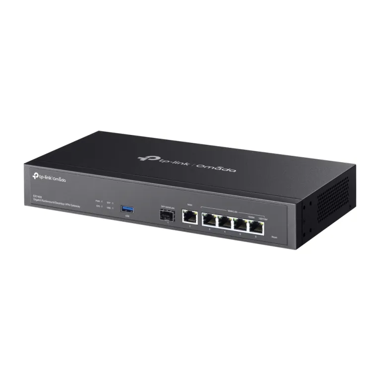 TP-Link Omada ER7406 Gigabit VPN-Gateway mit Rackmontage und Desktop-Option, Frontansicht mit USB-, SFP-, WAN- und TP-Link Omada ER7406 Gigabit VPN-Gateway mit Rackmontage und Desktop-Option, Frontansicht mit USB-, SFP-, WAN- und