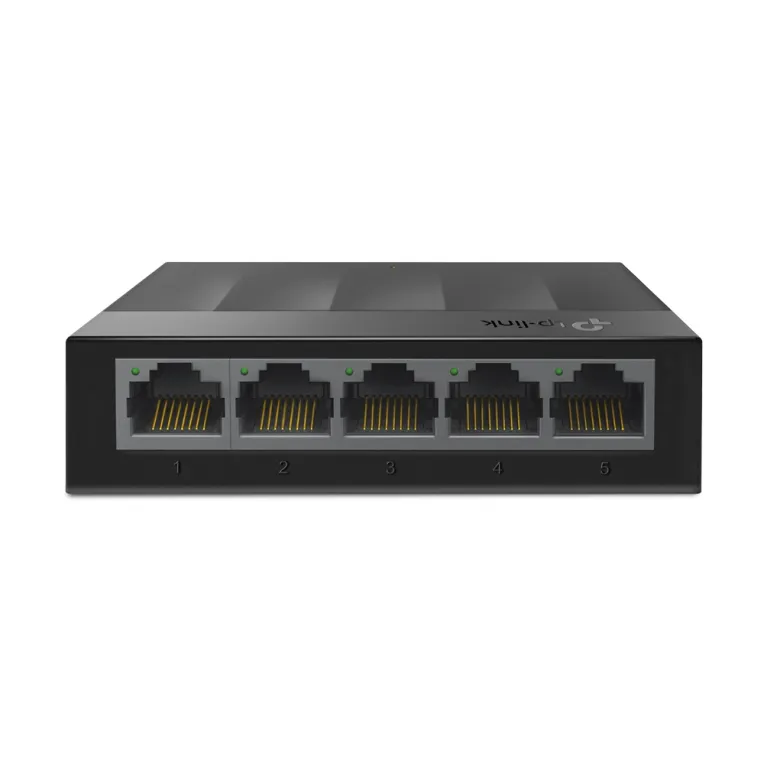 TP-Link LS1005G LiteWave 5-Port Gigabit Desktop Switch with five numbered RJ45 Ethernet ports, green LED indicators, and