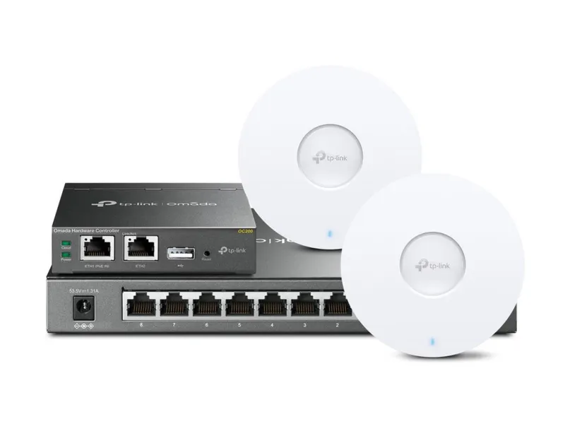 TP-LINK Omada NFR Kit S mit OC200 Controller, SG2210P 8-Port-PoE-Switch und zwei EAP653 Access Points für professionelle