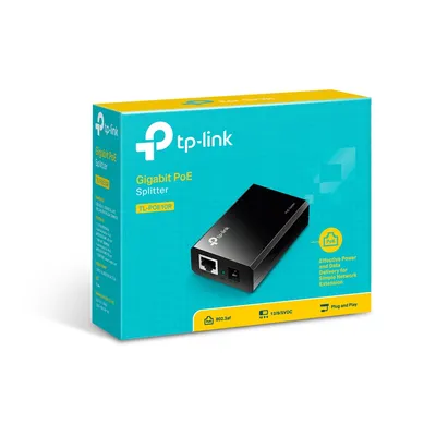 TP-Link Omada PoE-Splitteradapter POE10R in blauer und gelber Verkaufsverpackung mit Hardware-Darstellung und