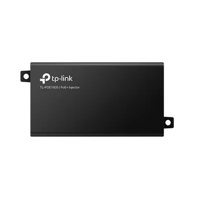Adaptateur PoE TP-Link Omada POE160S V4.0 injecteur noir vu de dessus avec logo et texte PoE+ pour alimentation réseau via