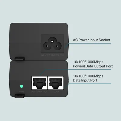 TP-Link Omada POE160S injecteur PoE V4.0 vu de dos avec prise secteur AC et ports RJ45 pour alimentation et données réseau.