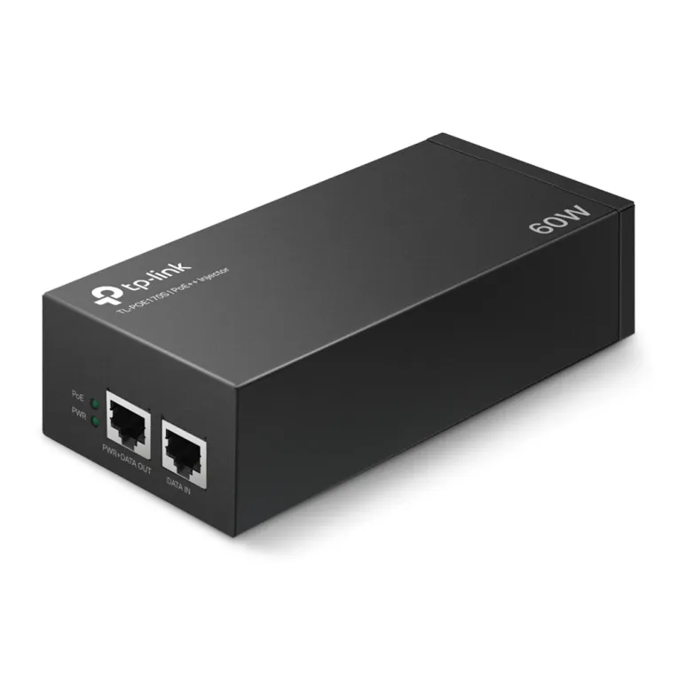 Adattatore PoE++ TP-Link TL-POE170S nero con logo e potenza 60W, vista dall’alto che mostra porte Ethernet RJ45 per