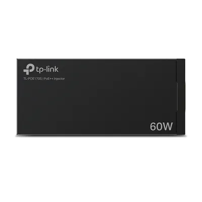 Адаптер PoE++ TP-Link TL-POE170S чёрного цвета с логотипом и надписью 60W на верхней панели на белом фоне