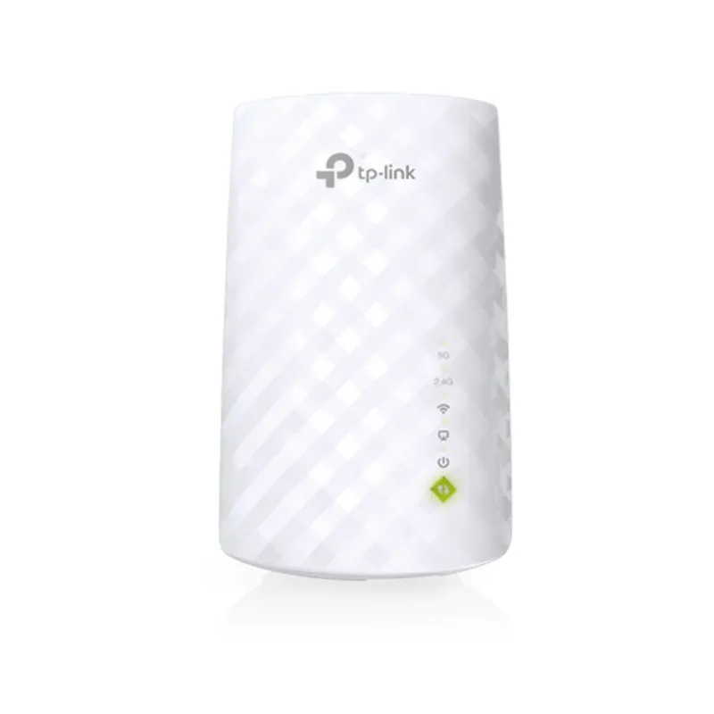 TP-Link RE200 AC750 WLAN-Repeater stehend mit weißem Gehäuse, glänzendem Rautenmuster, grauer tp-link-Logo und grün