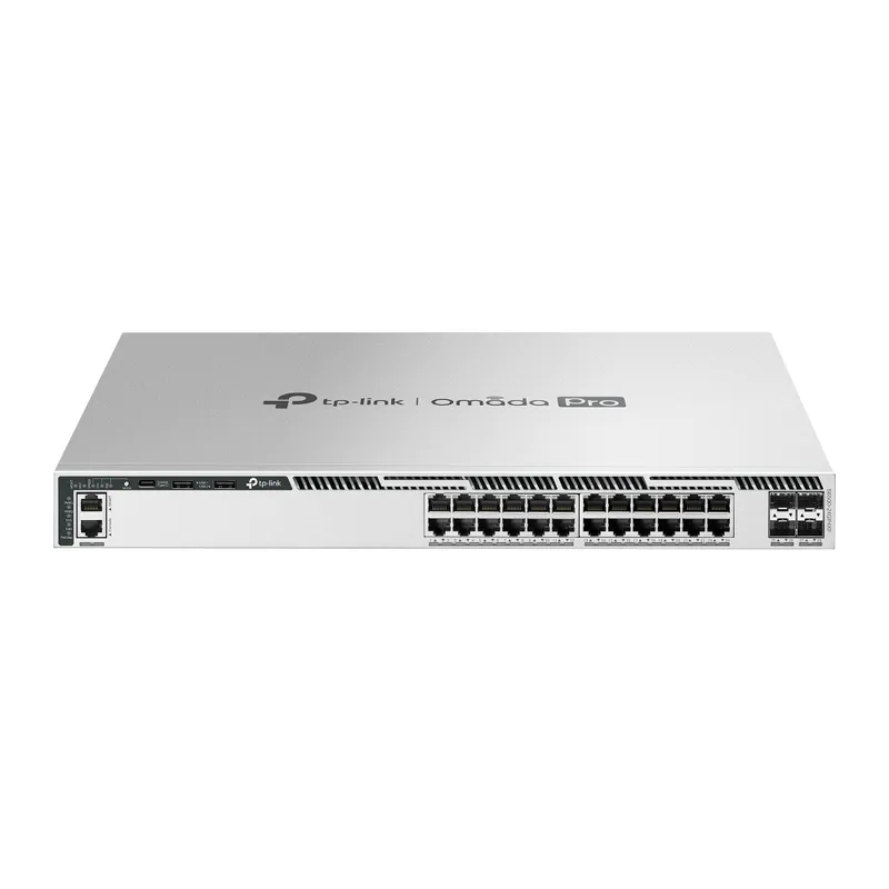 Switch Omada PRO S6500-24GP4XF gestionado capa 3 con 24 puertos 1GbE, 4 SFP+ y 720W PoE en rack de red empresarial.