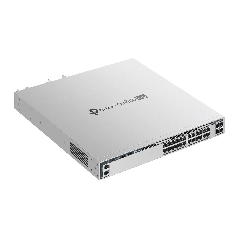 Switch Omada PRO S6500-24GP4XF gestionado L3 con 24 puertos 1GbE, 4 SFP+ y 720W PoE en rack metálico plateado con LEDs de Switch Omada PRO S6500-24GP4XF gestionado L3 con 24 puertos 1GbE, 4 SFP+ y 720W PoE en rack metálico plateado con LEDs de