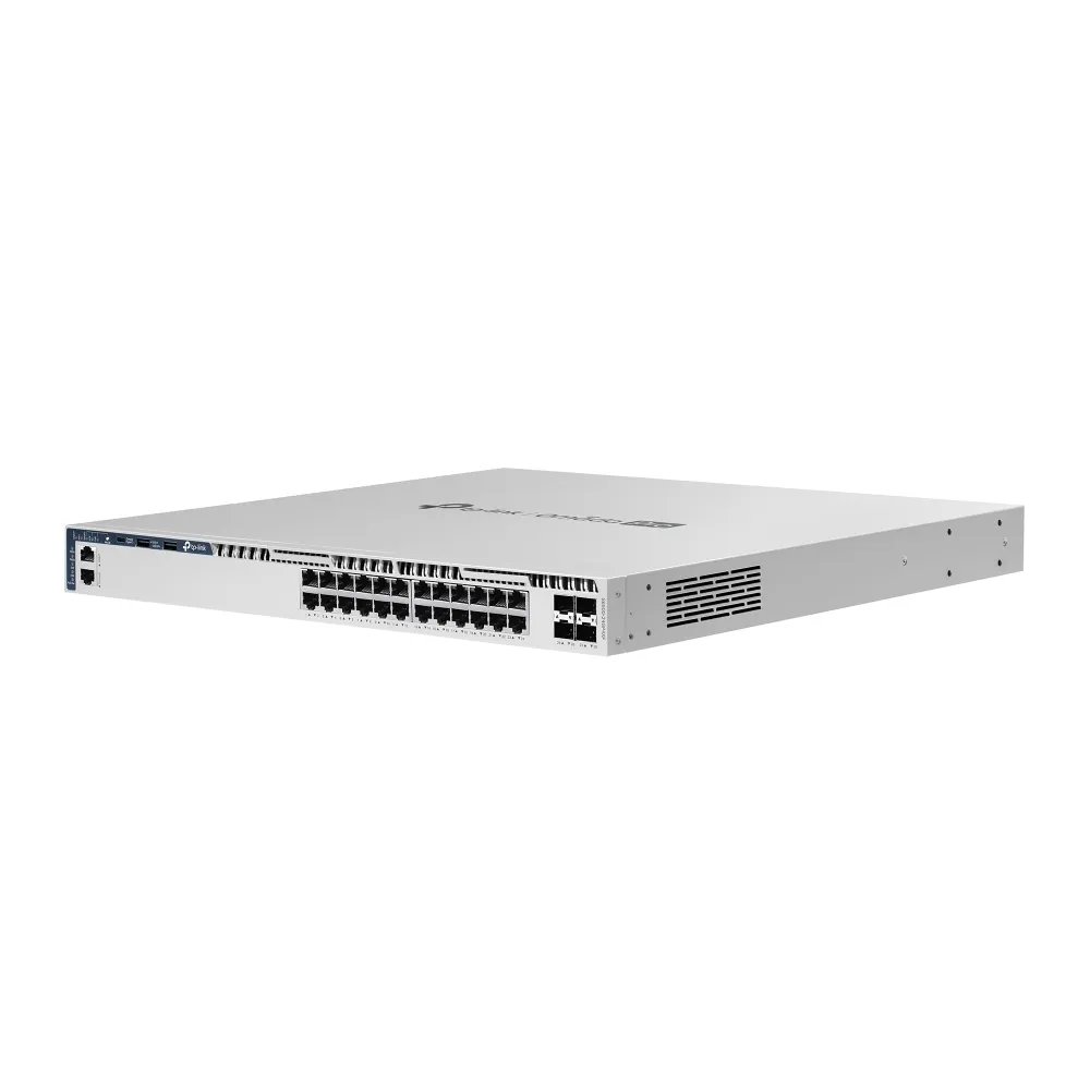 Switch Omada PRO S6500-24GP4XF gestionado L3 de 28 puertos con 24x 1GbE, 4x SFP+ y 720W PoE en rack con LEDs de estado. Switch Omada PRO S6500-24GP4XF gestionado L3 de 28 puertos con 24x 1GbE, 4x SFP+ y 720W PoE en rack con LEDs de estado.