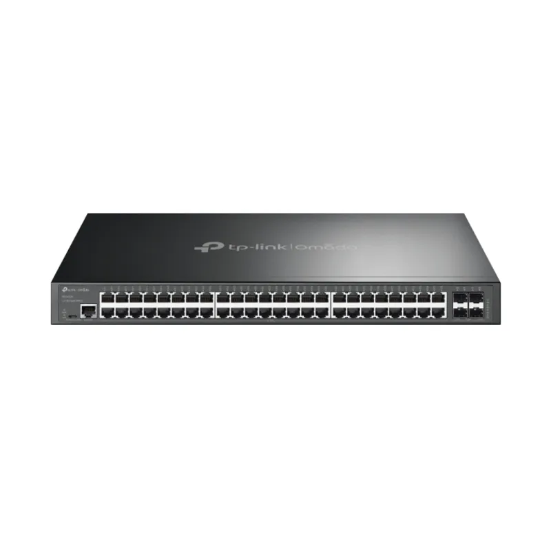 Conmutador TP-Link SG3452X JetStream de 48 puertos Gigabit L2+ gestionado con 4 ranuras SFP+ 10GE en rack negro frontal con