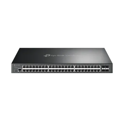 Conmutador TP-Link SG3452X de 48 puertos Gigabit gestionado con 4 ranuras SFP+ 10GE en rack negro frontal con logo Omada y Conmutador TP-Link SG3452X de 48 puertos Gigabit gestionado con 4 ranuras SFP+ 10GE en rack negro frontal con logo Omada y