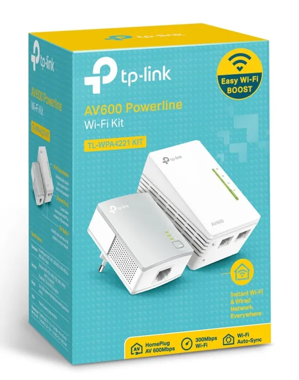 Scatola TP-LINK TL-WPA4221 KIT Powerline AV600 con due adattatori Wi-Fi 300Mbps, porte Ethernet e spina europea per
