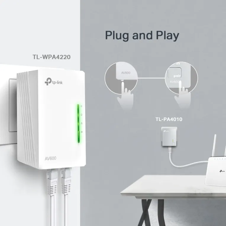 TP-Link TL-WPA4220 Powerline AV600 con cavi Ethernet collegati a una presa, parte di un kit Plug and Play per estendere la