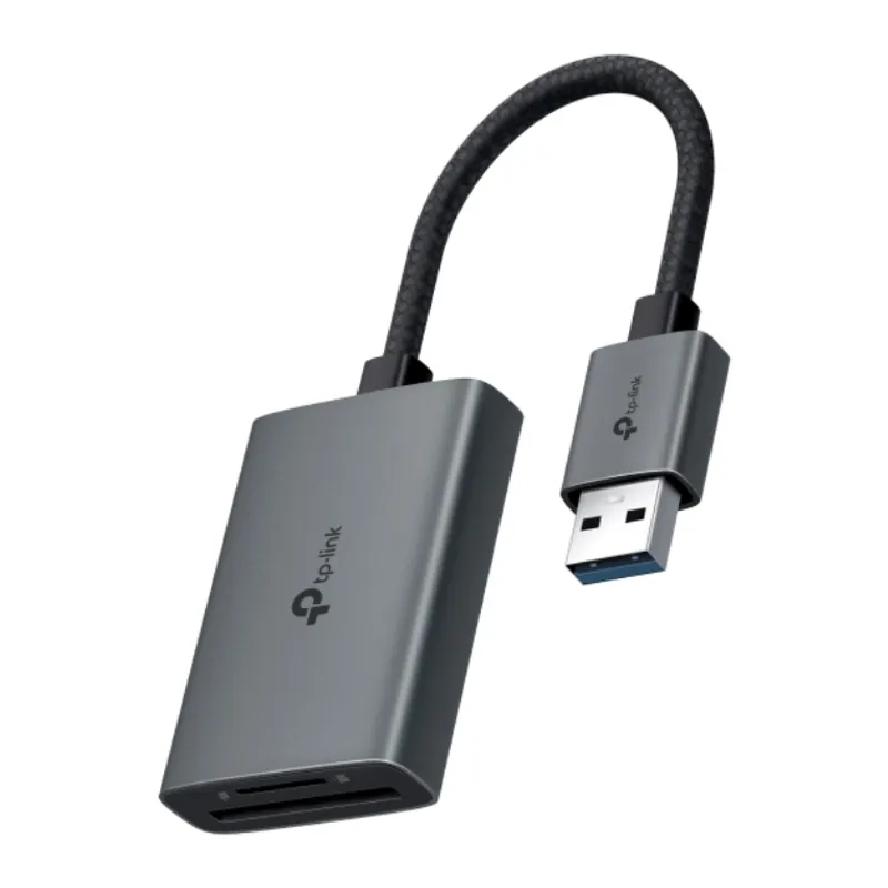 Lector de tarjetas TP-Link UA430 USB-C a SD y microSD con cable trenzado negro y conector USB-A en color gris para