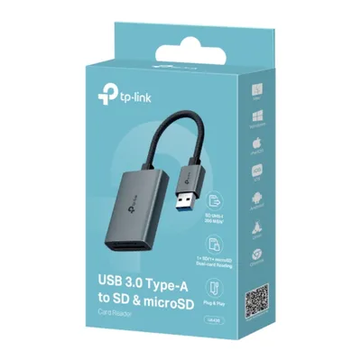 Lector de tarjetas TP-Link UA430 USB-C a SD y microSD en caja azul y blanca con compatibilidad Mac, Windows y Android. Lector de tarjetas TP-Link UA430 USB-C a SD y microSD en caja azul y blanca con compatibilidad Mac, Windows y Android.