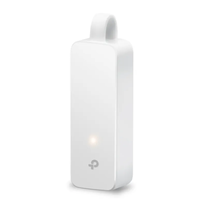 TP-Link UE300C USB-3.0-auf-Gigabit-Ethernet-Adapter weißer Netzwerkadapter mit LED-Licht und TP-Link-Logo oben mit Schlaufe